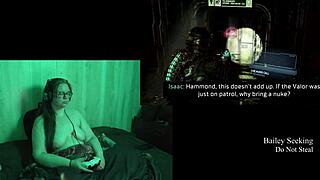 Big natural tits bounce while playing video games naked