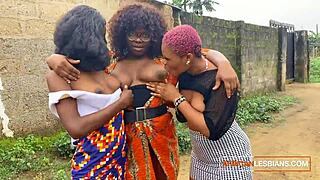Black beauties indulge in a steamy threesome in the woods