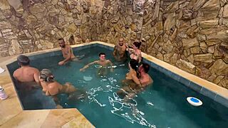 Hot college party by the motel pool with kinky fun