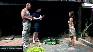 Beautiful Asian woman gets double penetration in the garden