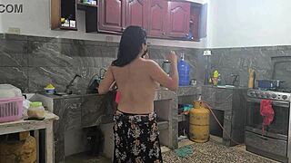 Horny housewives touch each other sensually while preparing lunch for bosses