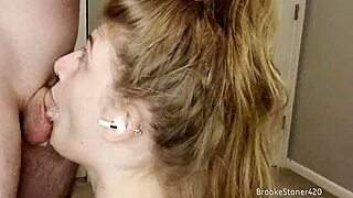 college roommate delivers a messy deepthroat in the dorm. later, she takes hard backshots in her tight space.