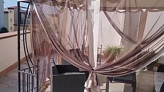 horny in public, i got a wild release on the terrace with my cute european roommate in lingerie teasing and spanking.
