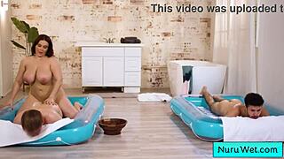 Sexy busty masseuse Natasha Nice fucks two young boys! Joshua Lewis and Apollo Banks join wet nuru massage.