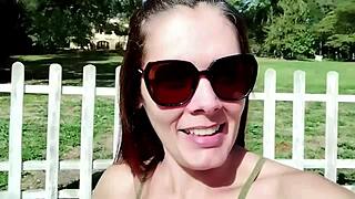 Casada gostosa started blowjob with lipstick on big cock outdoors! Then fucked rough to creampie in tight pussy.