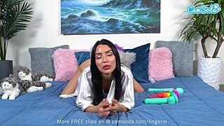 Lingerie-clad teen girl explores her body with sex toys
