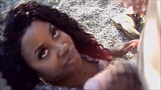 Ebony hottie gives a sloppy blowjob in interracial cfnm video