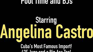 Curvy Latina Angelina Castro gives a sensual poolside blowjob