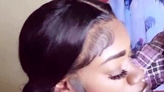 Curvy black beauty gets emotional during oral pleasure with a massive black shaft