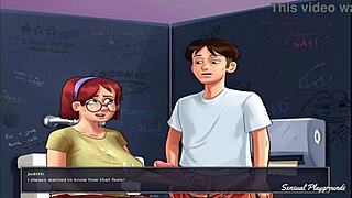 Summer story: Nerd BBW gives handjob to busty classmate in monster roleplay
