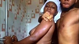 Home video of an amateur couple having sex while bent over after a shower