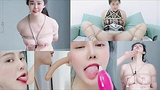 Uniformed BDSM with rough rope, dildo, and deep throat bondage