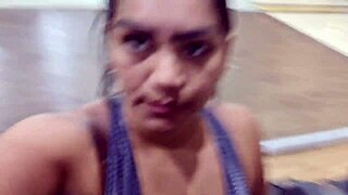 Sweaty gym session ends with a footjob and tit show