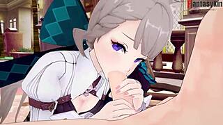 Beautiful woman enjoys sex and plays Genshin Impact video game