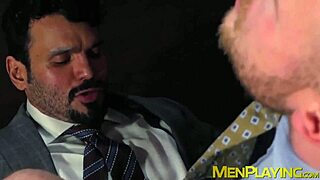 Businessmen in suits engage in rough sex and deep blow jobs