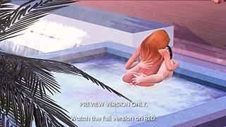 3D animated hot tub scene with a celebrity anime star