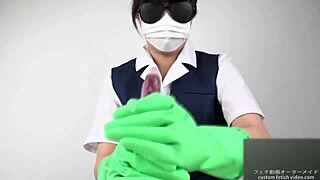 Latex gloved hands give a sensual massage with oil