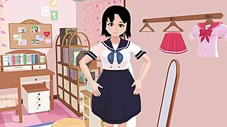Asian schoolgirl in sailor uniform poses in her room
