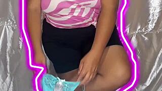 Biker chick in panties, animebra, and a creamy pussy close up