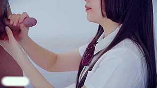 Beautiful Japanese girl gives great blow job and waits for cum in her mouth