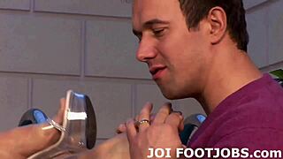 See how a man pleases himself by sucking and jerking off to the toes of his girlfriend in a POV video