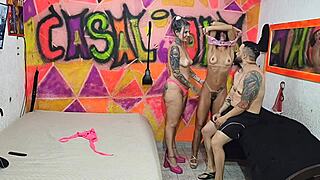 Amateur couple having fun with a holiday-themed blowjob scene
