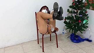 Big ass Latina MILF enjoys intense Christmas dildo sex