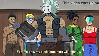 Deepthroat and cumshot in rough gang bang scene with muscular characters in My Hero Academia hentai