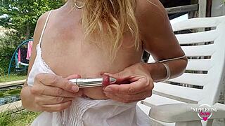 Kinky MILF's pierced nipples get 18mm vibrator insertion
