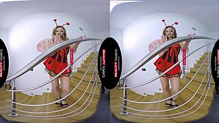 Blonde in ladybug costume gives blowjob, rides in missionary and cowgirl, freaked out in vr!
