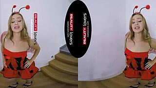 Blonde in ladybug costume gives blowjob, rides in missionary and cowgirl, freaked out in vr!