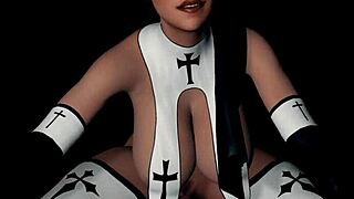 Naughty nun rides anal dildo in wild 3D.