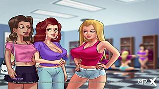 Summertimesaga hot bathroom bang with group blowjob and babe in anime hentai!