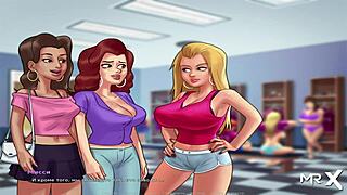 Summertimesaga hot bathroom bang with group blowjob and babe in anime hentai!