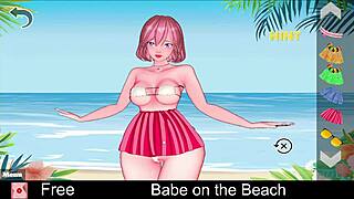 babe plays game on the beach in hentai style