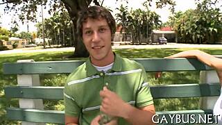 Gay men having sex in a porn video