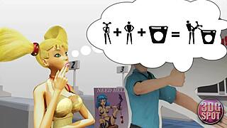 two busty lesbians feel pleasure with double dildo in public store