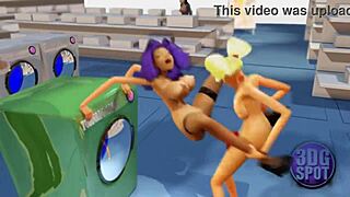 two busty lesbians feel pleasure with double dildo in public store