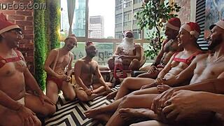 Wild bareback orgy with Santa and huge cock gangbang