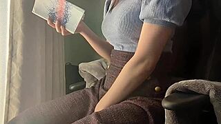 reading turned horny, busty japanese girl touches herself wild!