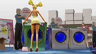 two busty lesbians feel pleasure with double dildo in public store