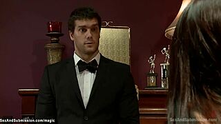 Butler ties up busty babe for a rough pounding session