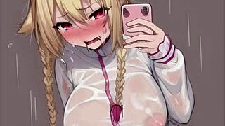 Anime girls sucking and kissing in the rain, wet tits and big boobs relaxing 😘
