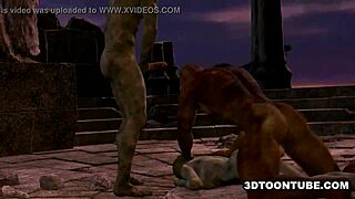 Hey, watch this 3D cartoon zombie babe get double teamed outdoors!