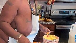 curvy ebony bbw teases with banana pudding while showing off natural tits.