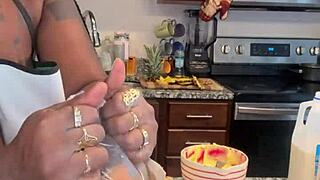 curvy ebony bbw teases with banana pudding while showing off natural tits.