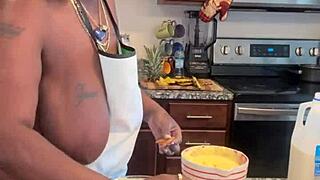 curvy ebony bbw teases with banana pudding while showing off natural tits.