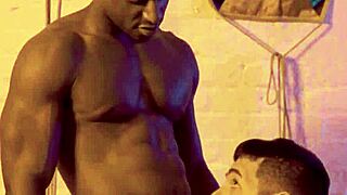 Interracial bareback session with ebony hunk and submissive bottom