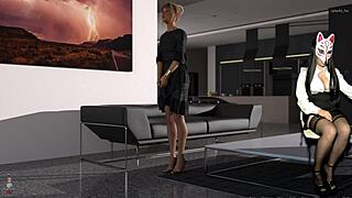 Anime babe in heels flashes upskirt legs and big tits