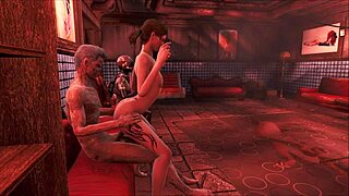 In Fallout 4, the brunette explores power armor in a cartoon game scene.